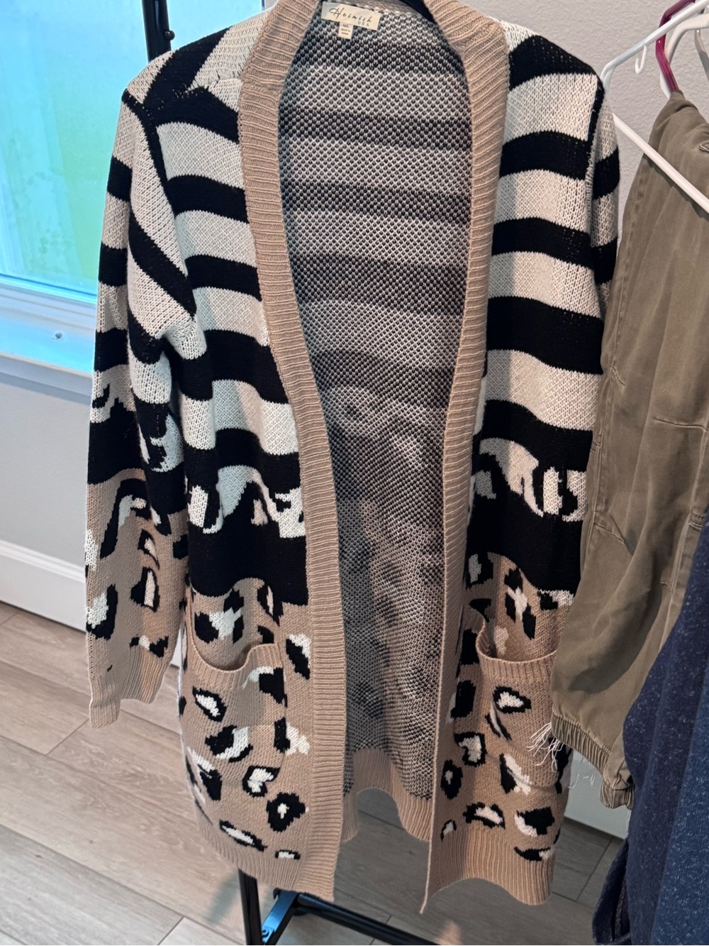 Striped & Leopard Open-Front Cardigan Sweater - Beige, Black, White